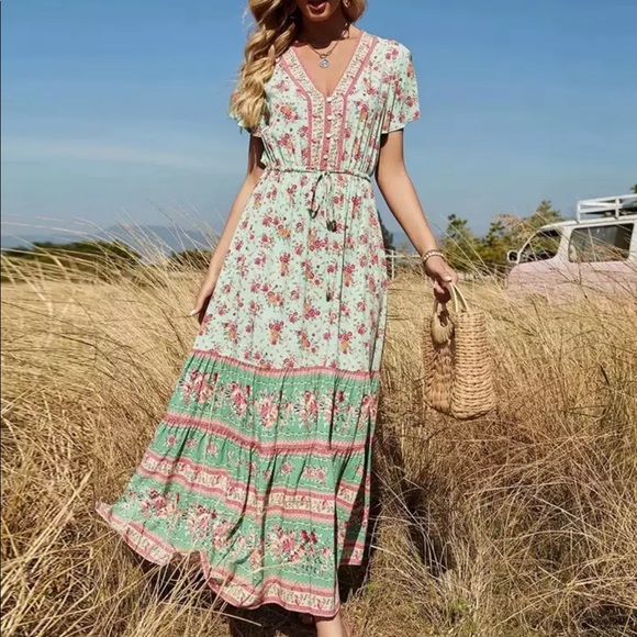 Boho gypsy maxi dress mint green paisley floral - Picture 2 of 7
